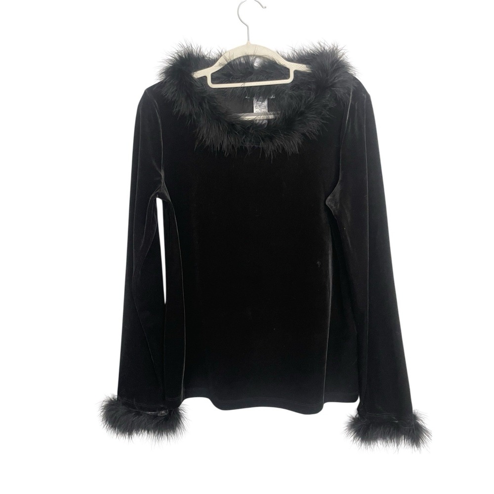 Vintage 90s Black Velvet Long Sleeve Top Fur Feather Trim Vampy Gothic Glam Sz M - Picture 9 of 12